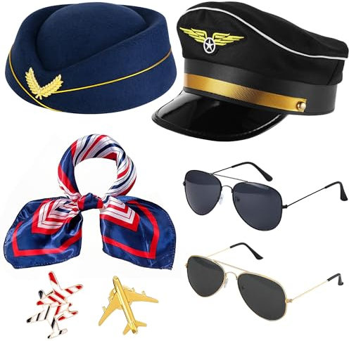 Vifcotlyp 7stück Pilot Kapitän Kostüm Zubehör, Pilot Set Kapitän Piloten Kostüm Herren Damenflugbegleiter Kostüm Zubehör Für Frauen Stewardess Kostüm Mit Pilotenmütze Für Fasching Karneval