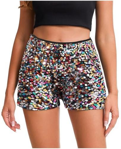 Damen Pailletten Shorts Sexy Hohe Taille Gerades Bein Metallic Hotpants Glitzer Festivals Outfits Glänzend Kurz Hose