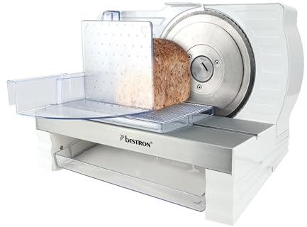 Bestron Brotschneidemaschine, mit RSG-Edelstahlklinge – Made in Germany, stufenlose Schnittstärkeneinstellung 0-20mm, Allesschneider mit Wechseltaste für Automatik- und Manuell-Betrieb, Farbe: Weiß