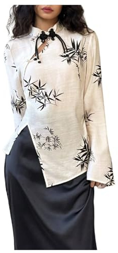 SweatyRocks Women's Chinese Cheongsam Top Floral Print Mock Neck Flare Long Sleeve Split Blouses Apricot Small