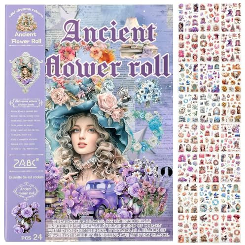 Pegatinas Scrapbooking Vintage, Libro de Stickers Washi de 24 Hojas con 480 Motivos Precortados, Flores y Figuras Acuarela en Tonos Morado Azul, para Journaling, Diario y Álbum de Fotos, Collage DIY
