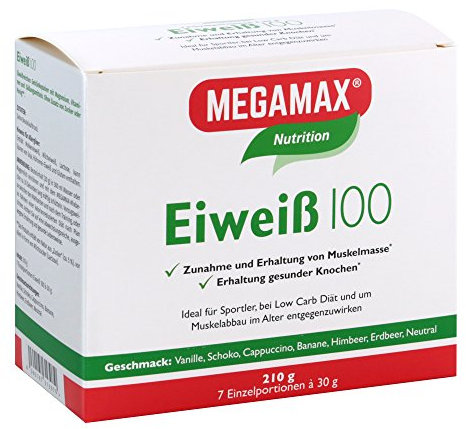 MEGAMAX Eiweiß 100 Pulver. Kennenlern-Set. Inhalt: 7 x 30 g. Ideal für Sportler und Ernährungsbewusste. 7 verschiedene Geschmacksrichtungen zum Probieren. Produktion in Deutschland.