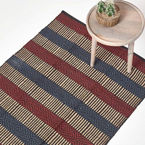 Homescapes Naturfaser-Teppich, 120 x 180 cm, 100% Jute-Teppich mit Streifen und geometrischem Rautenmuster, rot-blau-schwarz