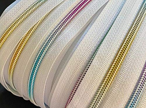 Slantastoffe Cremallera continua en espiral, arco iris, 5 mm, por metros, con cremallera (blanco, 5 m + 10 cremalleras)
