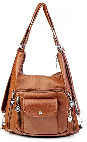 T-Kims Women Handbag Hobo Bag Tote Bags Shoulder Bag Soft Washed Leather Multifunctional Messenger Bag (Brown)