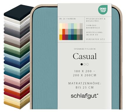 schlafgut Casual Spannbettlaken 100% Bio Baumwolle Made in Green by Oeko TEX (180x200cm bis 200x200cm Matratzenhöhe bis 25cm, Petrol Mid)