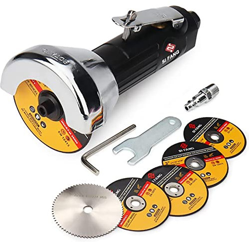 SI FANG 3 Inch Air Cut-Off Tool with 5Pcs Die Grinder Cutting Wheels and 1Pcs HSS Circular Saw Blade, 75mm Pneumatic Metal & Stainless Steel Sheet Cutter Discs Angle Grinder Kit, 20000RPM