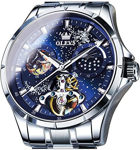 OLEVS Men's Automatic Mechanical Skeleton Watch Luxury Dress Blue Dial Waterproof Self Winding Moon Phase Stainless Steel Luminous Tourbillon Wrist Watches for Men