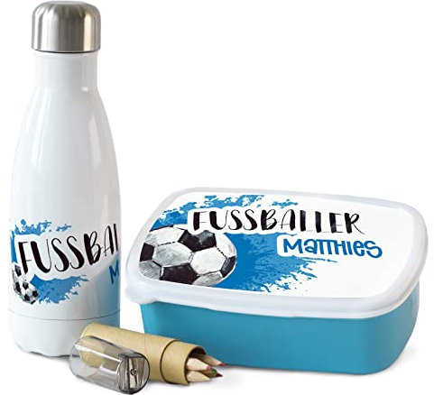 GRAZDesign Fussballer Brotdose und Trinkflasche Set für Jungen personalisiert mit Namen aus Edelstahl 350ml | Geschenk zur Einschulung