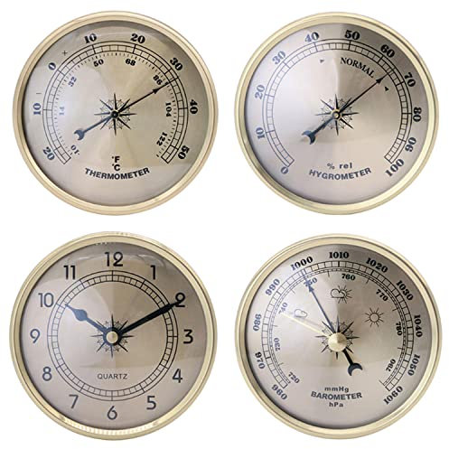 RUNLAIKEJI Barómetro, juego de cuatro piezas de 90 mm de diámetro, marco dorado, montaje en pared, barómetro, termómetro, reloj, higrómetro, estación meteorológica interior y exterior