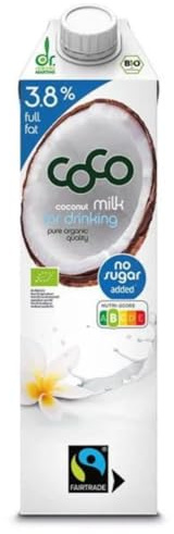 Dr. Antonio Martins - Coco Milk for Drinking with 3.8% Fat, Delicious Milk Alternative, No Added Sugar, Vegan, Organic, Fair Trade (1 x 1000 ml)