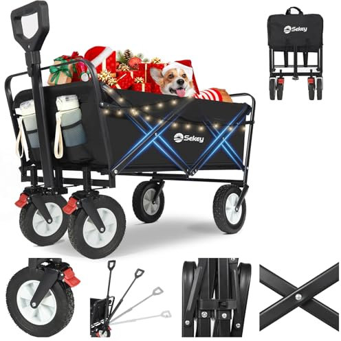 Sekey Bollerwagen Faltbar Gummireifen 200KG Schwerlast, Faltbarer Bollerwagen Geländetauglich, Klappbarer Handwagen Strand Camping Kinder Ultraleise Vollgummi 100L, StarkX 3114, Tiefschwarz