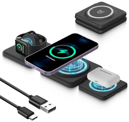 Cargador de inducción plegable, Mag-Safe Cargador para iPhone 15 14 13 12 Pro Max/Mini, 3 en 1 Estación de carga para Apple Watch Ultra/9/8/7/6/SE/5/4/3/2,Cargador inalámbrico para AirPods Pro/2/3 -
