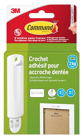 Command Crochet Accroche Adhésive pour Tableaux, Blanc - 1 Crochet, 2 Languettes - Résistant à l'eau - Accrochage Sans Dommage, 2kg