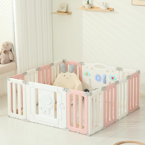 Federedo 14 Panels Baby Play Pen, Extra Large Baby Playpen, Foldable Astronauts Play Pens for Babies and Toddlers, Adjustable Portable Fence Gate Playpen Yard, Pink
