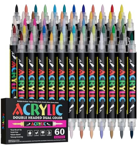 GenuisArt 120 Colors Acrylic Marker With Double Brush Tips Automatic Ink Control, Water Based Ink Paint Markers For Rock, Wood, Ceramic, Glass, Stone, Fabric, DIY Crafts Textile & Art Supplies 60PCS