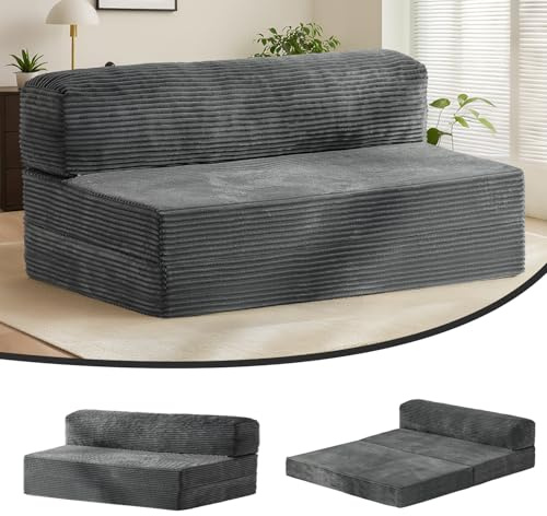 NLDD Folding Futon Sofa Bed Full Size, 6 inch Convertible Floor Couch Bed with Removable Corduroy Cover, Pull Out Couch for Small Spaces High-Density Foam,Grey