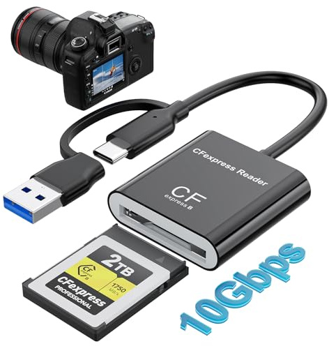 Lector CFexpress Tipo B USB 3.2 Gen 2 10 Gbit/s – 2 en 1 USB C y USB A Lector de Tarjetas CF Express Tipo B – Compatible con Thunderbolt 3/4 – Aluminio, Plug & Play para PC, Mac, Portátil, Tableta