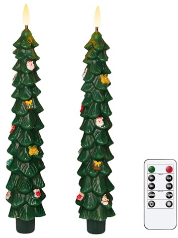 AVEKI Christmas Tree Flameless Taper Candles with Remote, 2 Pcs LED Christmas Tree Candles Real Wax with 3D Flame, 9.7 Battery Operated LED Candlesticks for Home Fireplace Christmas Decor (2 PCS)