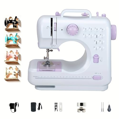 Macchina da cucire elettrica 505A, 12 punti, mini macchina da cucire domestica con ciondolo smaltato placcato oro in 4 colori, due velocità, ideale per bambini, adulti, principianti