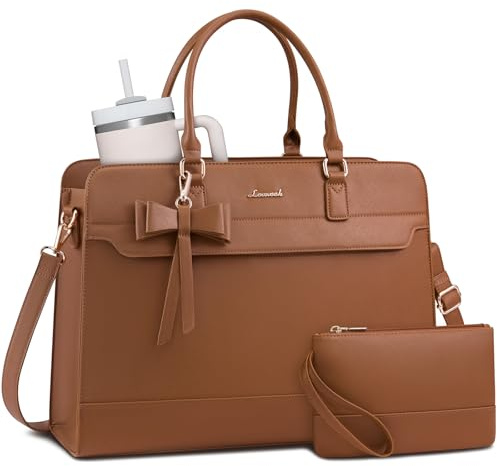 LOVEVOOK Laptop Bags for Women, 17.3 Inch Ladies Handbags Large Work Tote Bags with Compartments, PU Leather Womens Handbag Shoulder Bag for Office School Business Shopping, Brown