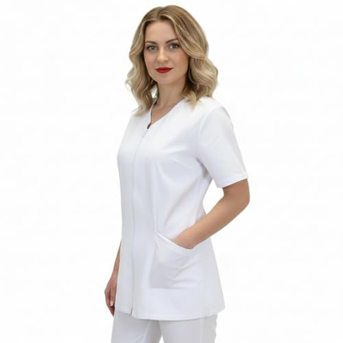 Blouse de Travail pour Femme avec Fermeture Éclair, Style Simple, Manches Courtes, Col en V, pour Esthéticienne, Coiffeuse, Institutrice de Maternelle, Personnel de Restauration, Blanc, Large