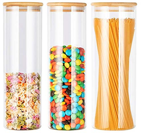 KAHEIGN 3 Pz Barattoli Di Stoccaggio Con Coperchi in Bambù Con Anello in Silicone, 1500ml x 2 / 2100ml Vetro a Tenuta D'aria Contenitori Di Cereali Per Alimenti Da Cucina