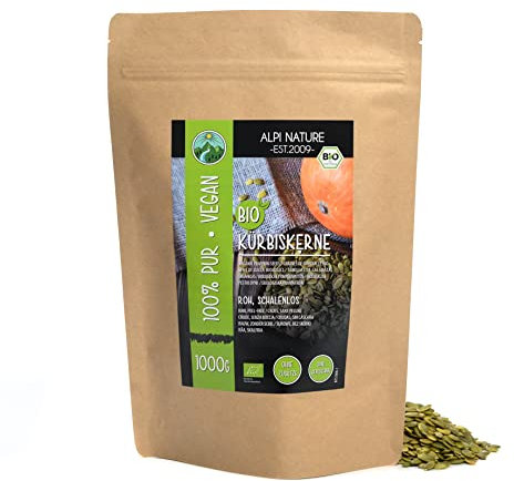 Alpi Nature Graine de Courge BIO 1kg, Graines de Courge Crues et Pelées pour Salades, Smoothies et Desserts