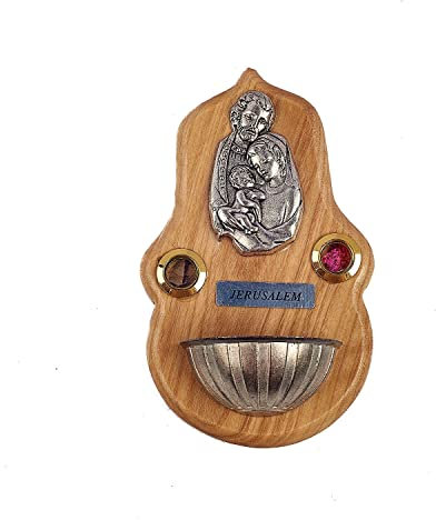 SHUCK24 Wundervolles Weihwasserbecken 12cm x 7cm aus Olivenholz und Messing, mit der Heiligen Familie, gesegnetem Weihrauch und Blütenblättern aus dem Heiligen Land.