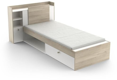Lit Modulable 90 x 190/200 avec Rangement 1 Porte 3 Niches 1 tiroir – Blanc Mat & Chêne Clair -124,5 x 226,9 x 90,5 cm