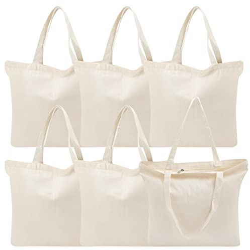 MSYU 6 Packs Canvas Tote Bags with Zipper, 16 x 13.4 Inch Reusable Grocery bags with Zipper, Heavy Duty Shopping Bags, Blank DIY Bags for Art Crafts Painting Embroidery Decoration