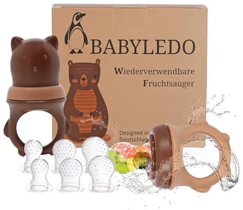 BABYLEDO Baby Fruchtsauger Fruchtschnuller mit Beißring für Obst und Gemüse ab 6 Monate, Bären - Duett [Braun]