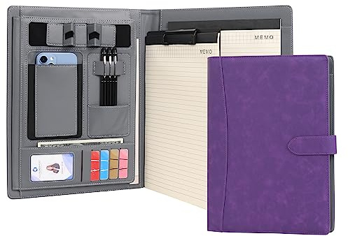 Wason Portfolio Padfolio A4 Leather PU Holder File Document Case with Writing Pad and Removable Clipboard for Organizer Office School Travel (Purple)