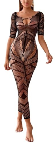 Bommi Fairy Women Sexy Crotchless Underwear Hollow Lingerie Bodysuit Babydoll Striped Mesh Teddy Sleepwear Half-Sleeves Bodystocking (Black)