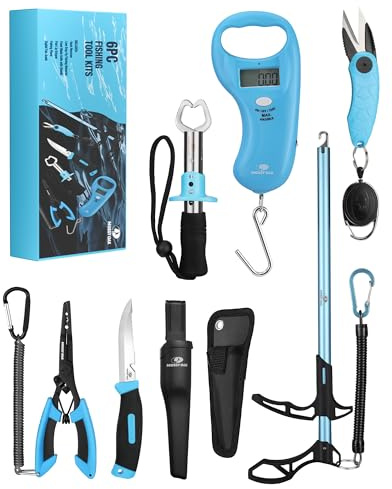 Mossy Oak 6Pcs Fishing Tools Kit- Fishing Plier, Fish Fillet Knife, Fish Lip Gripper, Hook Remover, Digital Fish Scale, Line Snip, Fly Fishing Retractor, with Sheath Lanyard, Fishing Gifts for Men