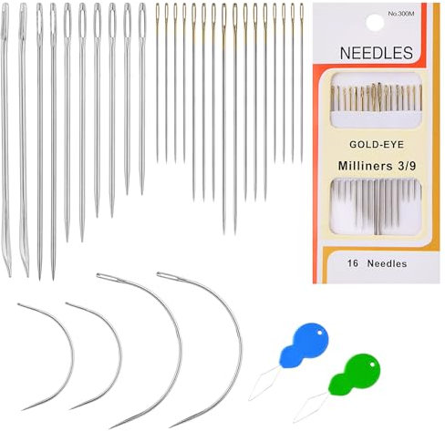 simarro Nähnadeln Set, 14 Stück Multifunktionsnadeln zum Nähen von Leder mit 16 Stück Handnähnadeln und 2 Stück Nadeleinfädlern für Polsterung, Leder, Teppich, Leinwand, Reparatur