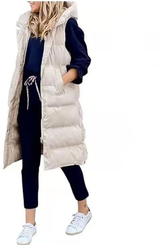 Tinetill Gilet Lungo con Cappuccio Donna Senza Maniche - Piumino Trapuntato Caldo Con Tasche - Giacca Da Esterno Con Cerniera