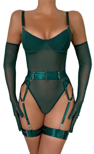 DUHGBNE Lingerie Giarrettiera per Donna Lingerie Sexy Trasparente Abbinata a 4 Pezzi Crema Depilatoria per (Green, S)