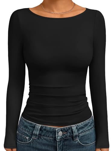 Trendy Queen Women's Boat Neck Tops Long Sleeve Shirts Casual Fitted Tee Shirts Solid Color Fall Basic Clothes 2026 Black M