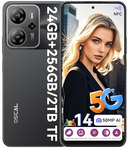 OSCAL Tiger 13 5G Smartphone Gemini Ai Android 14 24GB + 256GB/2TB Telefono Movil, Cámara 50MP AI, 6.67 90Hz 700nits, Batería 5000mAh(18W), Dual SIM 5G/Face ID/Fingerprint/NFC - Negro