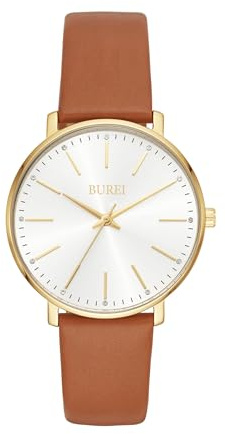 BUREI Frauen Uhren Mode Minimalistisch Analog Leder Quarz Wasserdicht Uhren für Frauen (Silber-goldbraunes Band)