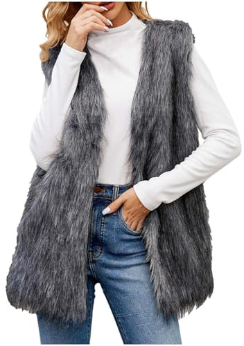 NZYIHAO Chaleco de piel sintética para mujer, elegante chaleco de invierno, sin mangas, chaqueta de piel sintética, chaqueta de invierno larga, chaqueta de invierno, chaqueta de pelo grande, chaqueta