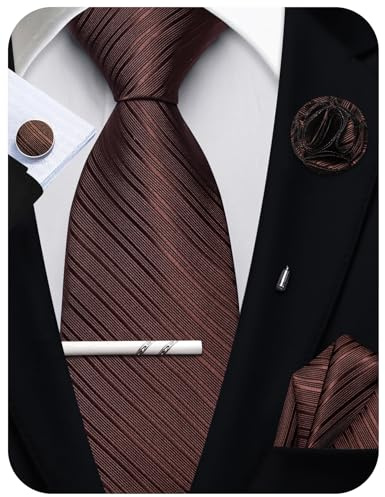Ailisus Mens Brown Tie and Pocket Square Silk Necktie Handkerchief Tie Clip Cufflinks Lapel Pin Set Wedding Party Formal