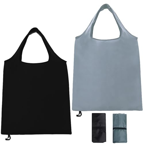 TRACOMPAN 2 Packs Foldable Reusable Shopping Bags, Waterproof Nylon Tote Folding in a Pouch, Washable Lightweight Grocery Bags for Fruit Vegetable Storage Daily Outdoor Use (Black & Grey)