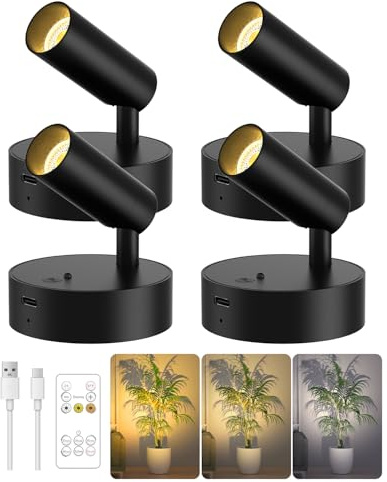 GOODEA Kabellose Spotlight - Aufladbare Wandleuchte Innen Akku bis zu 30 Tage, 3 Farben Dimmbar Wandspot mit Fernbedienung, 350° Drehbare Wandlampe für Wandbilder Pflanzen Home Dekoration [4er Set]