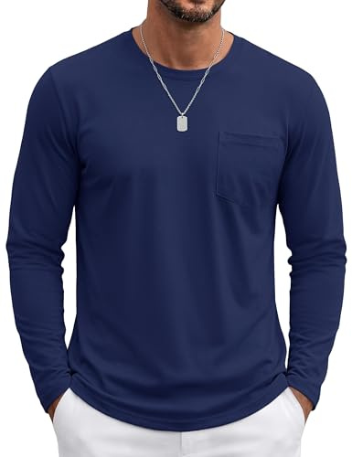 TACVASEN Maglia Manica Lunga Uomo Classiche in Cotone con Tasca T Shirt Uomo Collo Rotondo Minimalista e Versatile (3XL, Blu Navy)