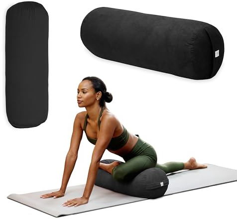 Gaiam Round Yoga Bolster Pillow (Black), Soft Meditation Cushion for Yoga, Massage and Back Support, Breathable Cotton Fill, Zippered Microfiber Cover, Easy-Carry Handle, Machine Washable