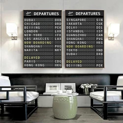 Baibexing 2 Piezas De Tablero De Salidas Del Aeropuerto, Póster De Viaje, Impresiones, Arte De Pared, Pintura Decorativa En Lienzo Para Decoración Del Hogar 60X80Cmx2Pcs Sin Marco