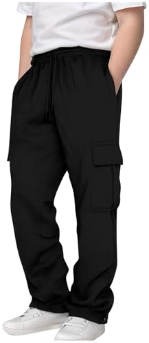 Pantalon de survêtement cargo en coton pour adolescents et enfants - Jambe large - Pantalon de jogging épais et chaud avec poches pour garçons et filles - Pantalon de sport uni multi-poches, Noir , 11