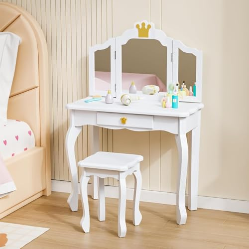 Bonnlo Ensemble Coiffeuse Enfant Fille avec Miroir à Trois Volets, Bureau 2 en 1 Idéal pour Chambre d'enfant, Dimensions 60 x 30 x 98 cm (Beige)